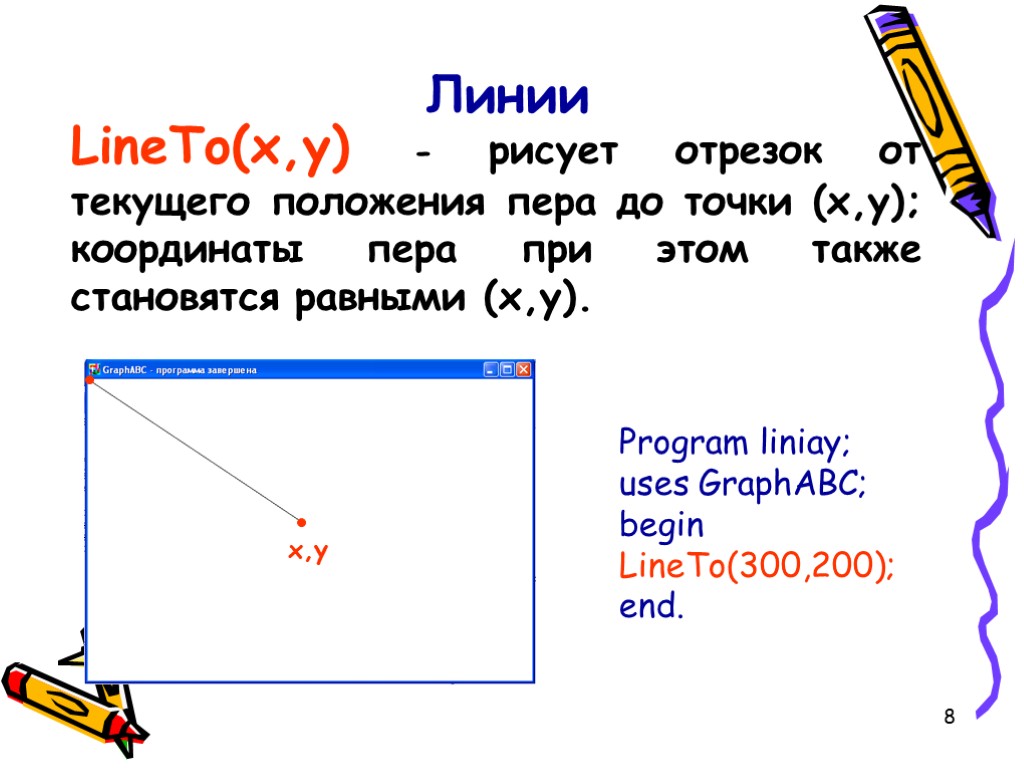 8 Линии LineTo(x,y) - рисует отрезок от текущего положения пера до точки (x,y); координаты